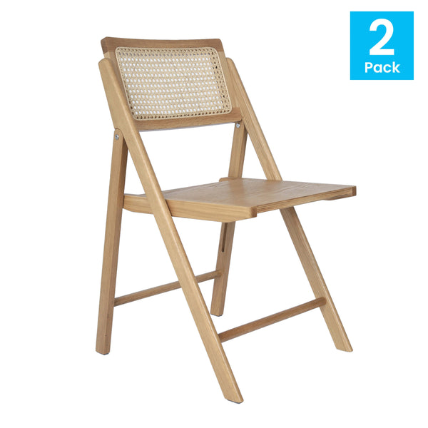 Natural |#| 2 Pack Commercial Cane Rattan Folding Chairs - Wood Backs and Seats - Natural
