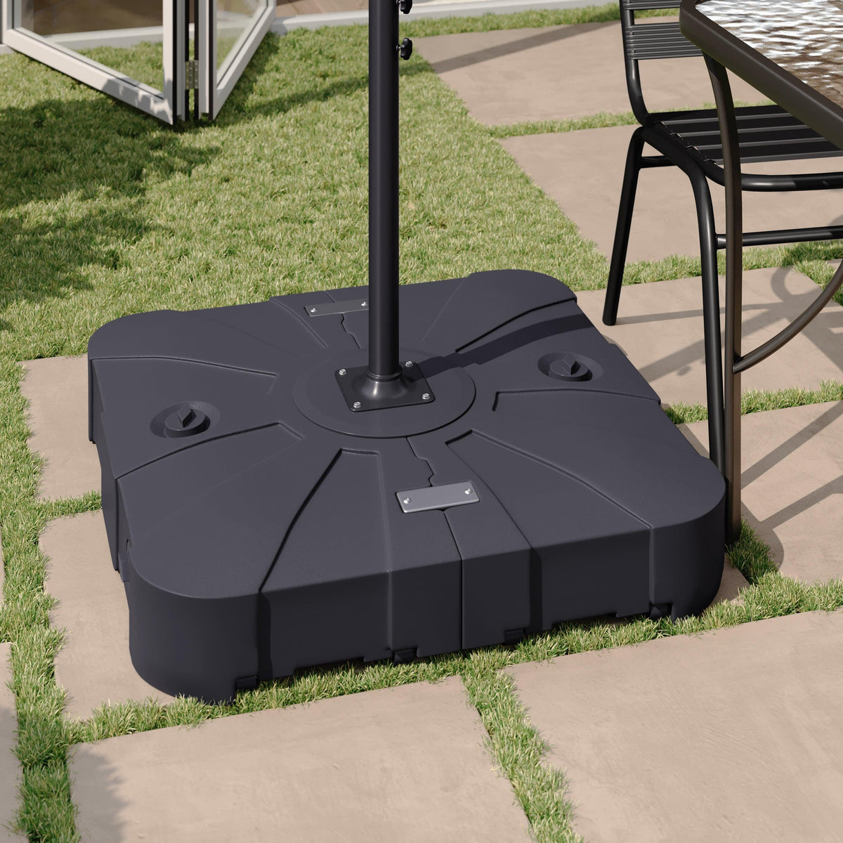 are patio umbrella bases universal Hank Heavy Duty Weather-Resistant Universal Offset Umbrella Base with Grooved Handles and Built-In Wheels in Black