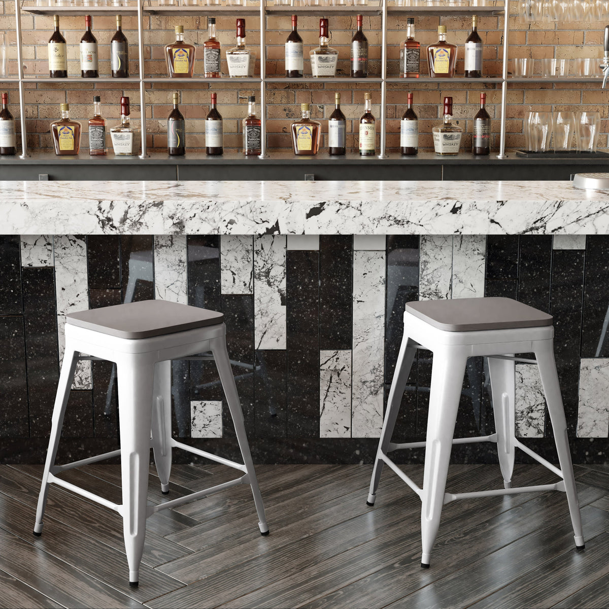 White/Gray |#| Indoor/Outdoor Backless Counter Stool with Poly Seat - White/Gray