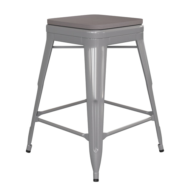 Kai Commercial Grade 24" High Backless Metal Indoor-Outdoor Counter Height Stool with Poly Resin Wood Seat - View 1