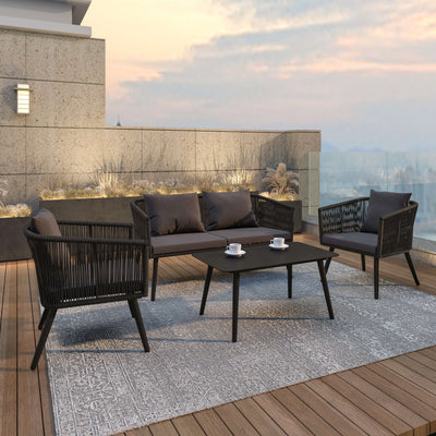 Kierra All-Weather 4-Piece Woven Conversation Set with Zippered Removable Cushions & Metal Coffee Table