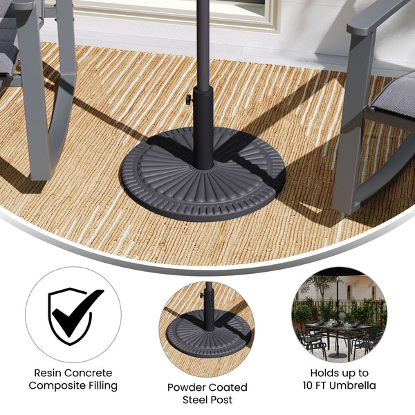 concrete patio umbrella base Flash Furniture 19.25 in. Dia. Kona Universal Black Cement Patio Umbrella Base with Sunburst Patterned Weatherproof Plastic Polymer Coating