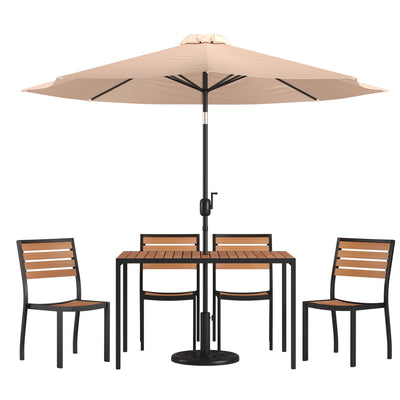 Lark 7 Piece All-Weather Deck or Patio Set with Stacking Faux Teak Chairs, Faux Teak Table & Umbrella with Base