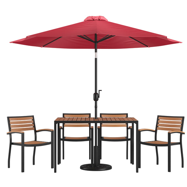 Red |#| 30inch x 48inch Faux Teak Patio Table, 4 Chairs and Red 9FT Patio Umbrella with Base