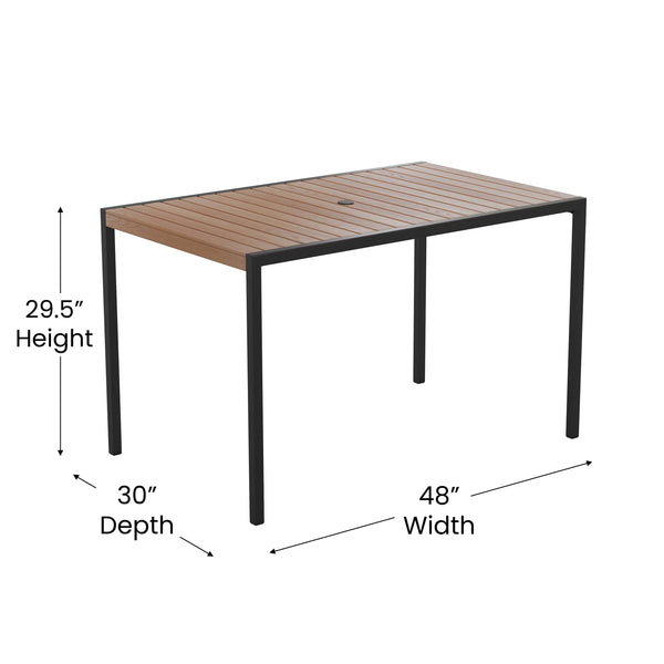 Red |#| 30inch x 48inch Faux Teak Patio Table, 4 Chairs and Red 9FT Patio Umbrella with Base