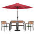 Lark 7 Piece Outdoor Patio Dining Table Set with 4 Synthetic Teak Stackable Chairs, Lark 30" x 48" Table & Umbrella with Base