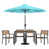 Lark 7 Piece Outdoor Patio Dining Table Set with 4 Synthetic Teak Stackable Chairs, Lark 30" x 48" Table & Umbrella with Base