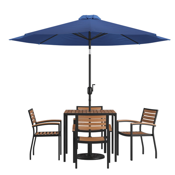 Navy |#| 35inch Square Faux Teak Patio Table, 4 Chairs and Navy 9FT Patio Umbrella with Base