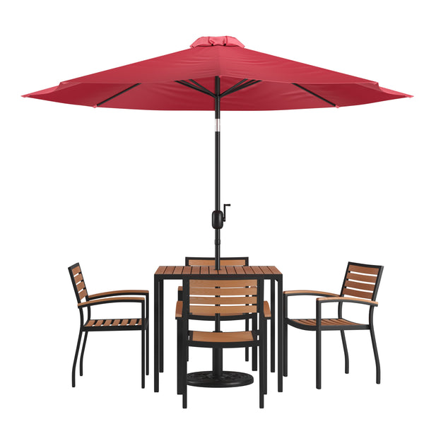 Red |#| 35inch Square Faux Teak Patio Table, 4 Chairs and Red 9FT Patio Umbrella with Base