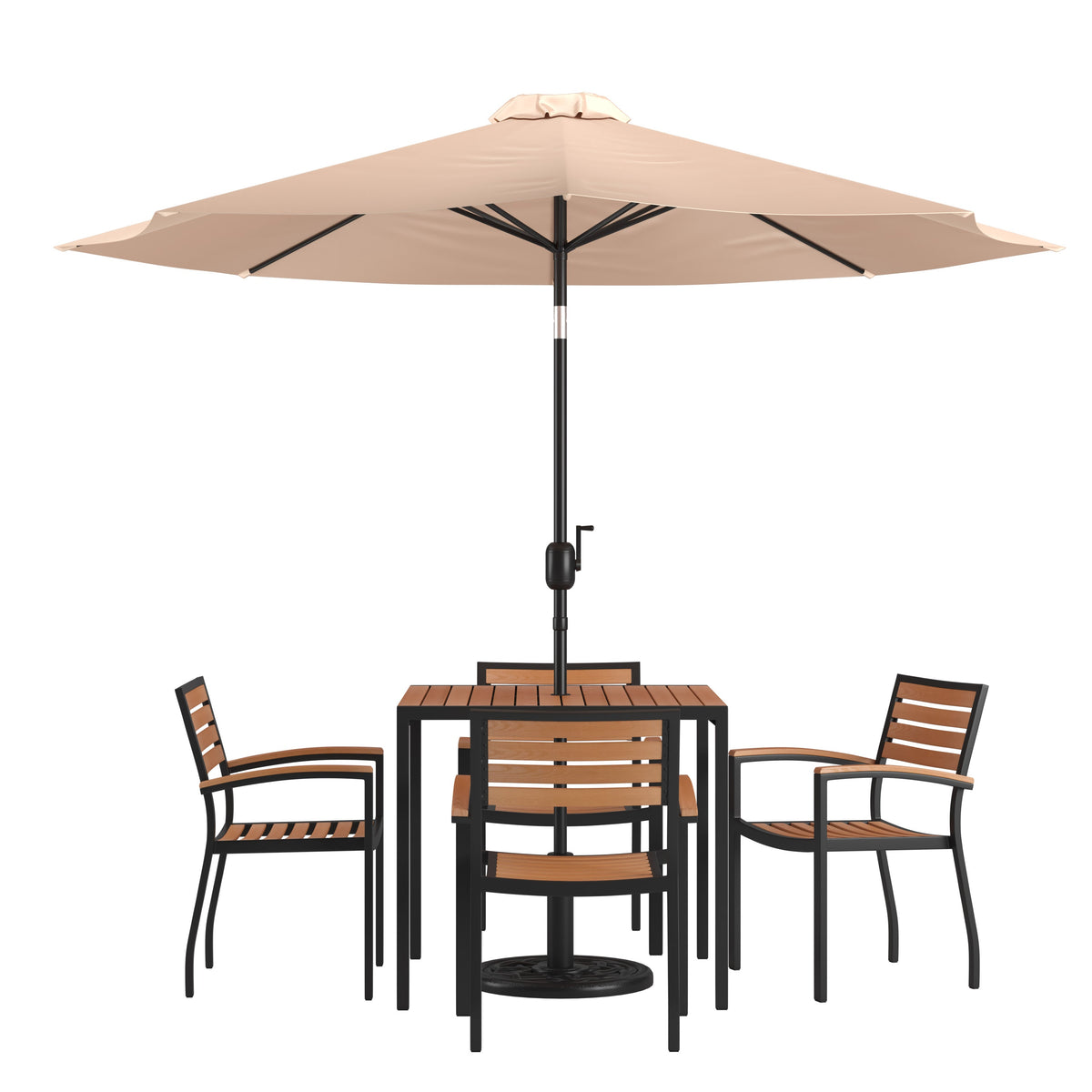 Tan |#| 35inch Square Faux Teak Patio Table, 4 Chairs and Tan 9FT Patio Umbrella with Base