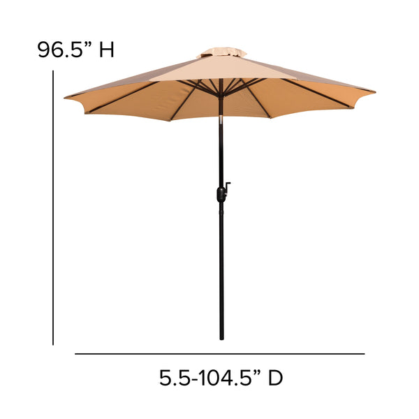 Tan |#| 35inch Square Faux Teak Patio Table, 4 Chairs and Tan 9FT Patio Umbrella with Base