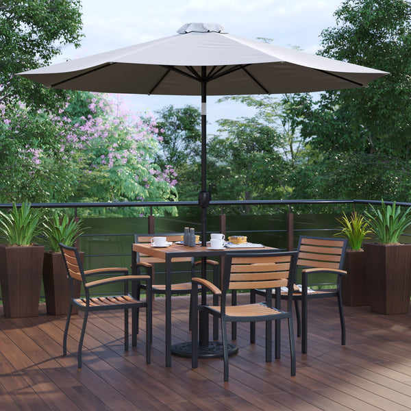 Gray |#| 35inch Square Faux Teak Patio Table, 4 Chairs and Gray 9FT Patio Umbrella with Base