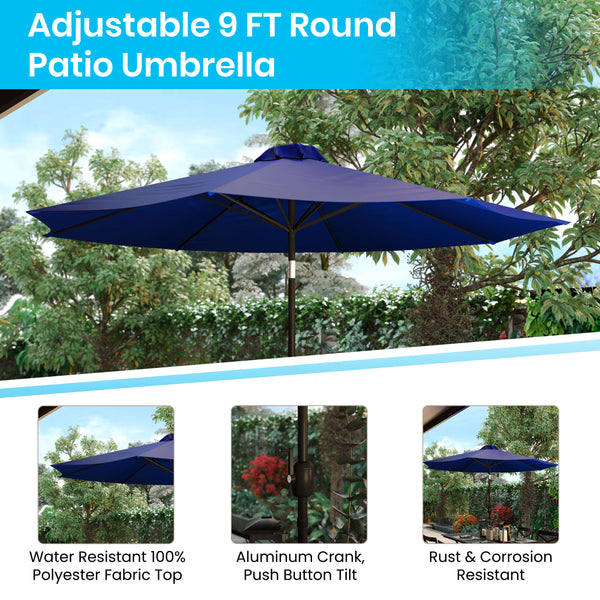 Navy |#| 35inch Square Faux Teak Patio Table, 4 Chairs and Navy 9FT Patio Umbrella with Base