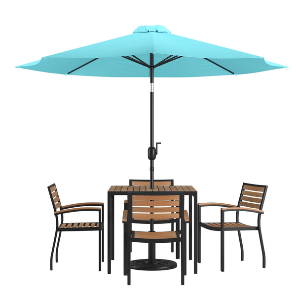 Teal |#| 35inch Square Faux Teak Patio Table, 4 Chairs and Teal 9FT Patio Umbrella with Base