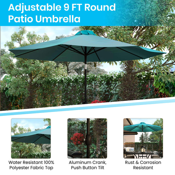 Teal |#| 35inch Square Faux Teak Patio Table, 4 Chairs and Teal 9FT Patio Umbrella with Base