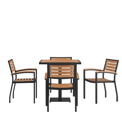 Lark Indoor/Outdoor 5 Piece Patio Dining Table Set with Faux Teak Table & 4 Stacking Club Chairs with Teak Accented Arms - View 1