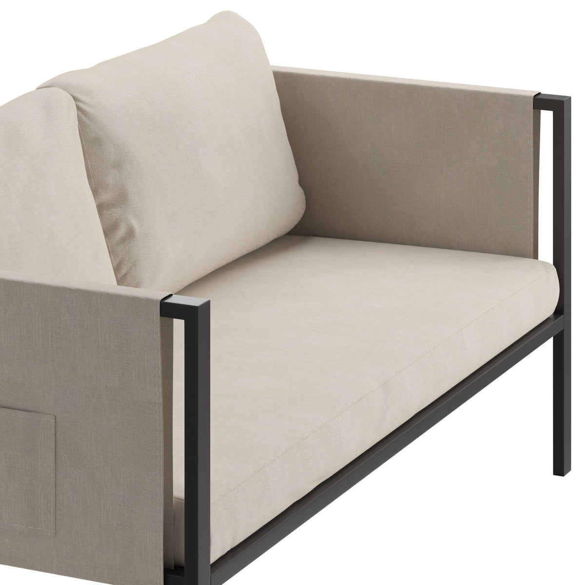 Beige |#| Black Steel Frame Loveseat with Included Beige Cushions and Storage Pockets