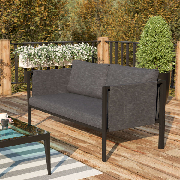 Charcoal |#| Black Steel Frame Loveseat with Included Charcoal Cushions and Storage Pockets