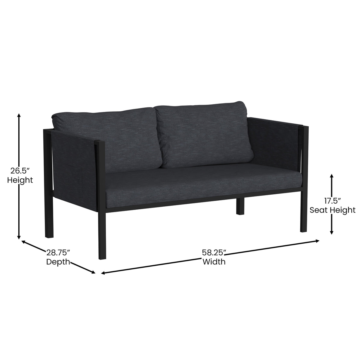 Charcoal |#| Black Steel Frame Loveseat with Included Charcoal Cushions and Storage Pockets