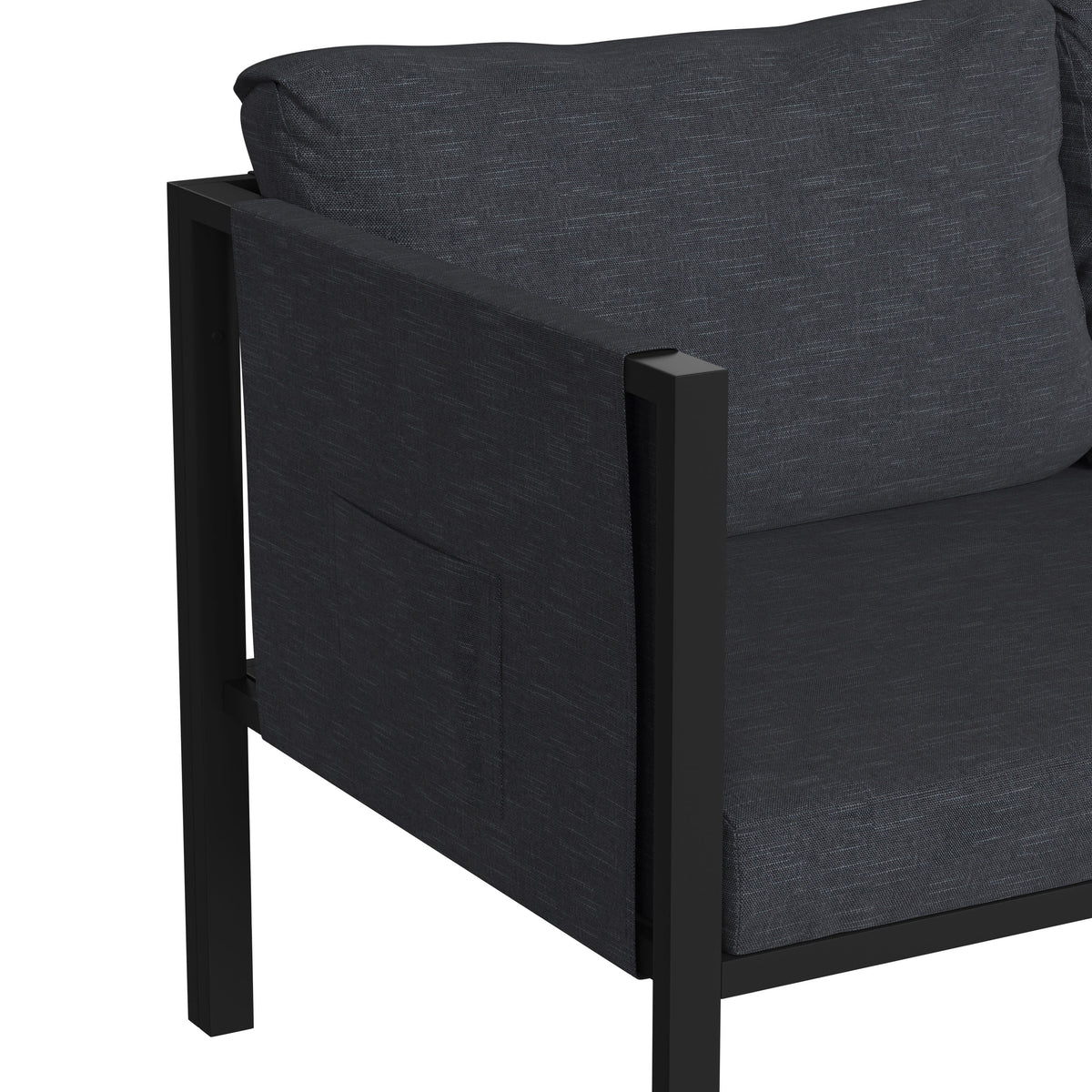 Charcoal |#| Black Steel Frame Loveseat with Included Charcoal Cushions and Storage Pockets