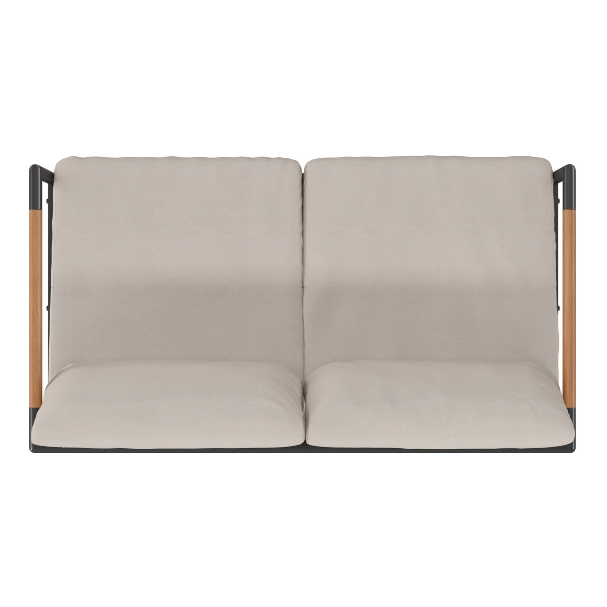 Light Gray |#| Black Aluminum Frame Loveseat with Teak Arm Accents and Beige Cushions