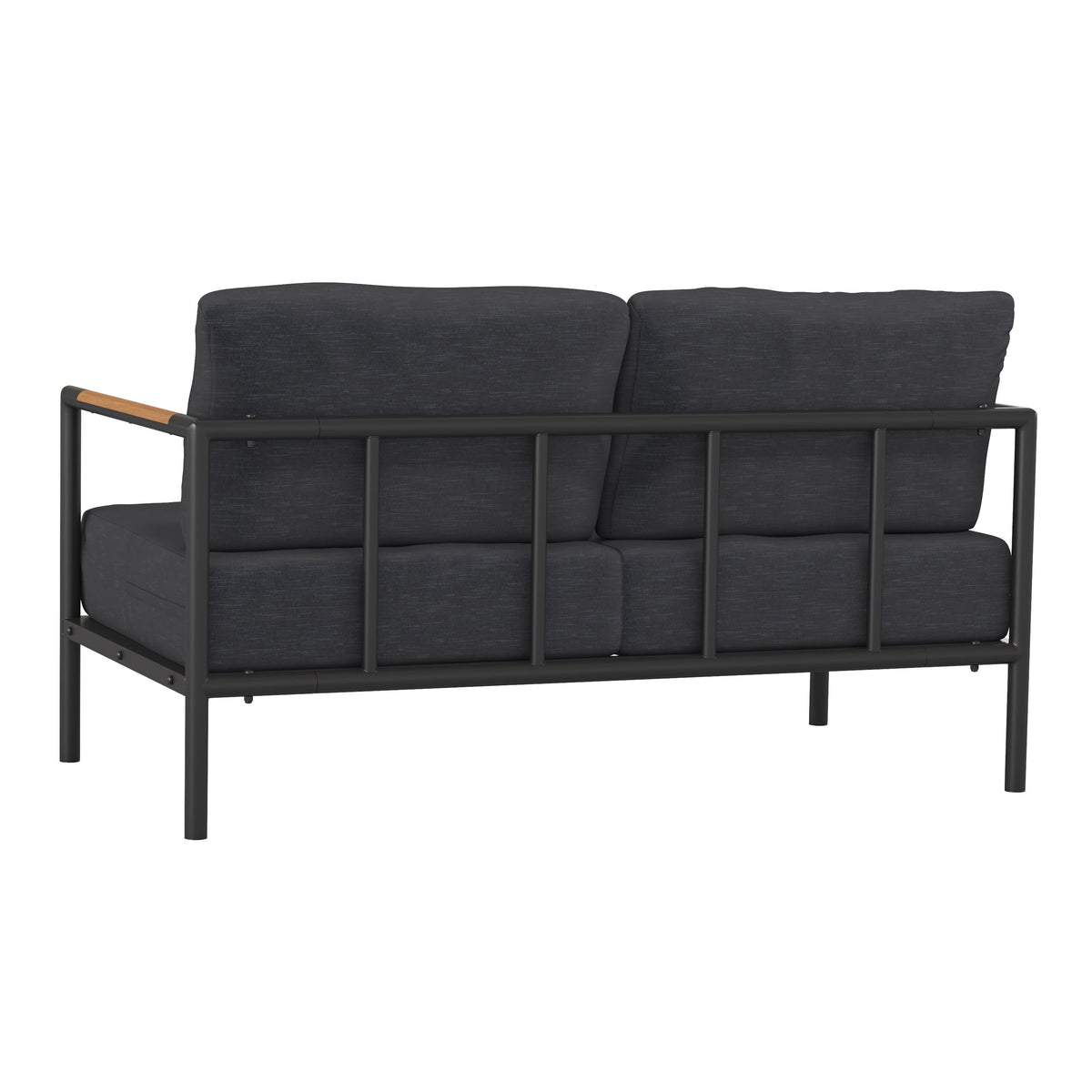 Charcoal |#| Black Aluminum Frame Loveseat with Teak Arm Accents and Charcoal Cushions