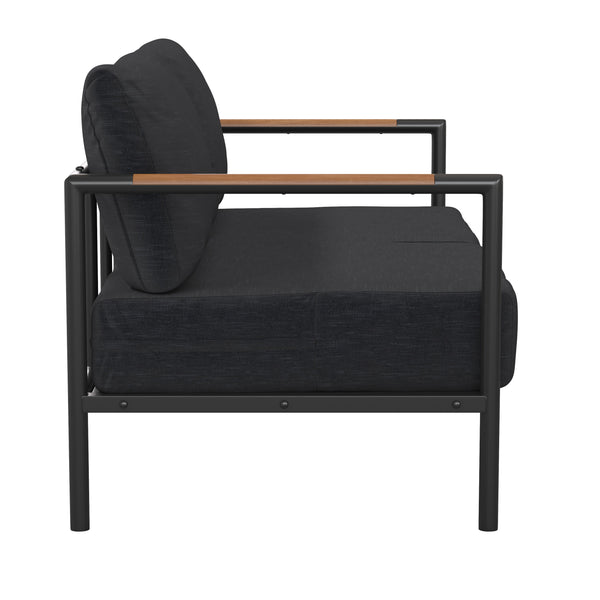 Charcoal |#| Black Aluminum Frame Loveseat with Teak Arm Accents and Charcoal Cushions