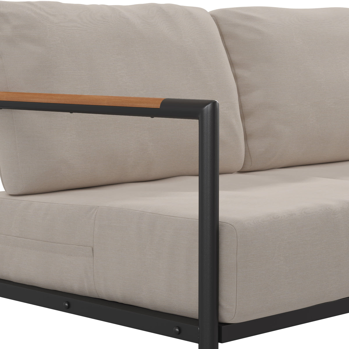 Light Gray |#| Black Aluminum Frame Loveseat with Teak Arm Accents and Beige Cushions