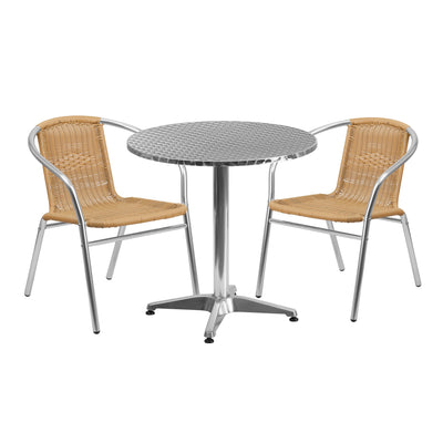 Lila 27.5'' Round Aluminum Indoor-Outdoor Table Set with 2 Rattan Chairs