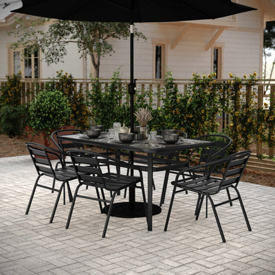 Lila 7 Piece Commercial Outdoor Patio Dining Set with Tempered Glass Patio Table with Umbrella Hole and 6 Triple Slat Chairs - View 2
