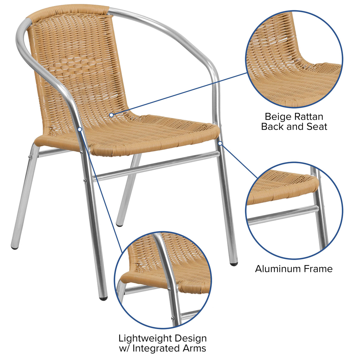 Aluminum and Beige |#| Commercial Aluminum and Beige Rattan Indoor-Outdoor Restaurant Stack Chair