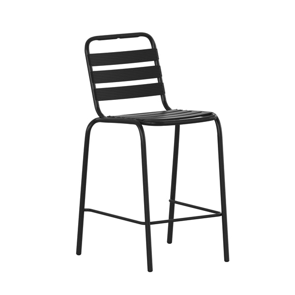 Black |#| Commercial Black Indoor-Outdoor Restaurant Stacking Stool with Triple Slat Back