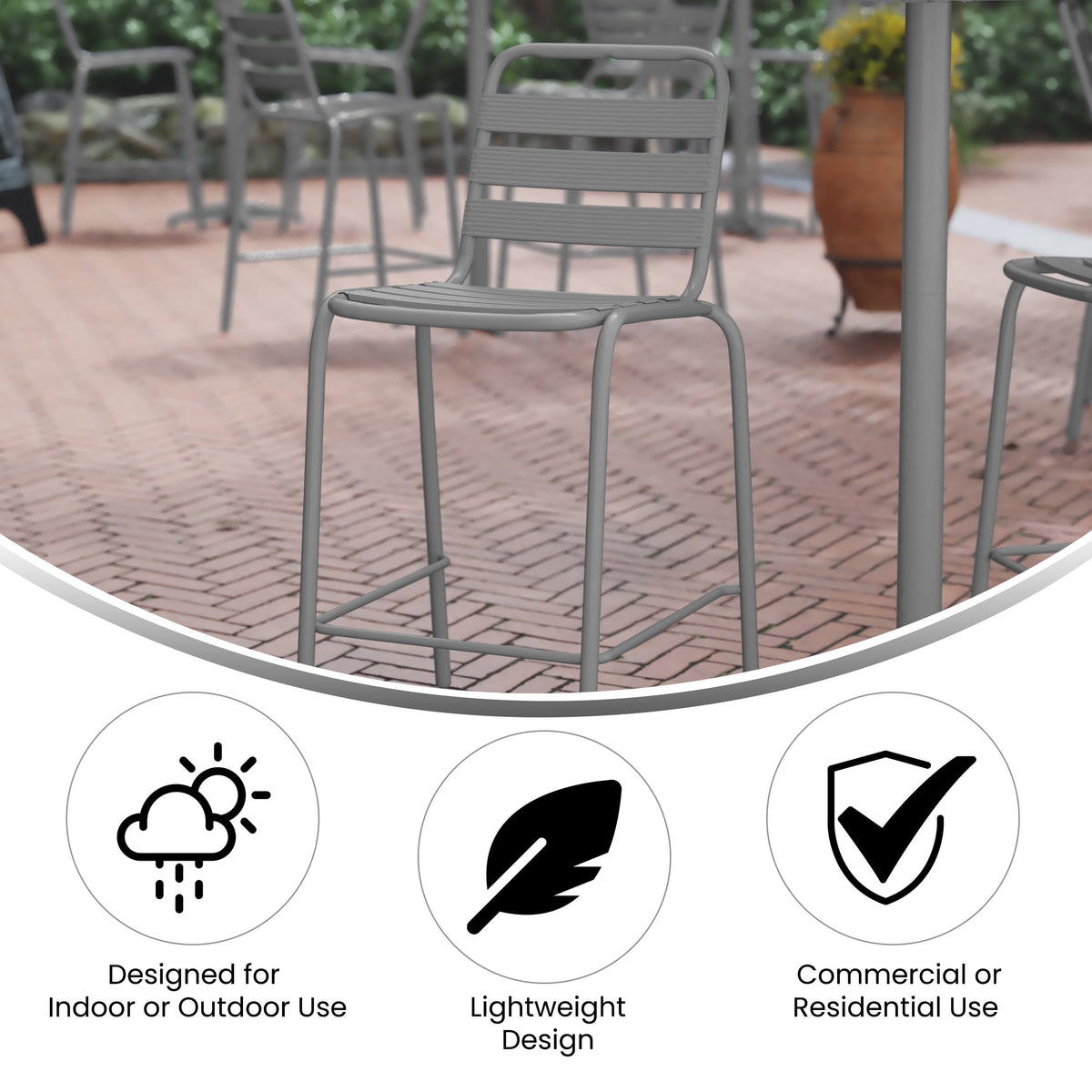 Silver |#| Commercial Silver Indoor-Outdoor Restaurant Stacking Stool with Triple Slat Back