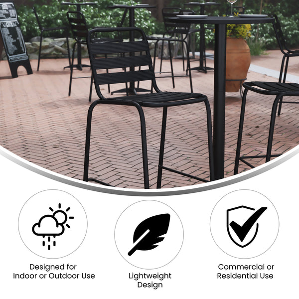 Black |#| Commercial Black Indoor-Outdoor Restaurant Stacking Stool with Triple Slat Back