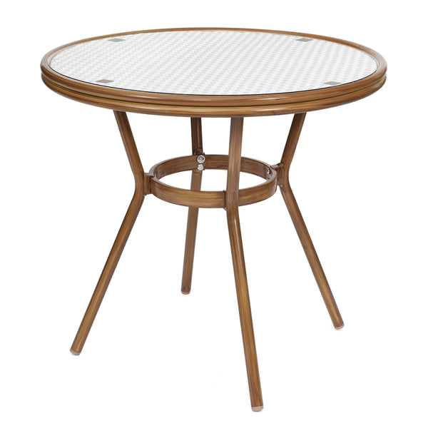 White & Gray Rattan/Natural Frame |#| Indoor/Outdoor Commercial Glass Top Bistro Table in White/Gray