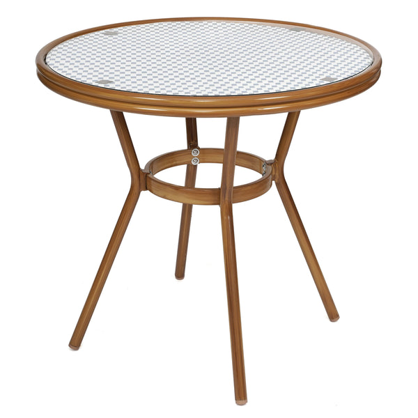 White & Navy Rattan/Natural Frame |#| Indoor/Outdoor Commercial Glass Top Bistro Table in White/Navy