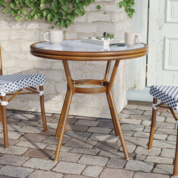 White & Navy Rattan/Natural Frame |#| Indoor/Outdoor Commercial Glass Top Bistro Table in White/Navy