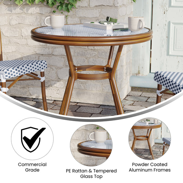 White & Navy Rattan/Natural Frame |#| Indoor/Outdoor Commercial Glass Top Bistro Table in White/Navy