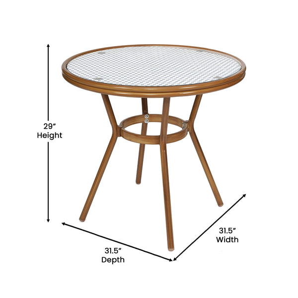 White & Navy Rattan/Natural Frame |#| Indoor/Outdoor Commercial Glass Top Bistro Table in White/Navy