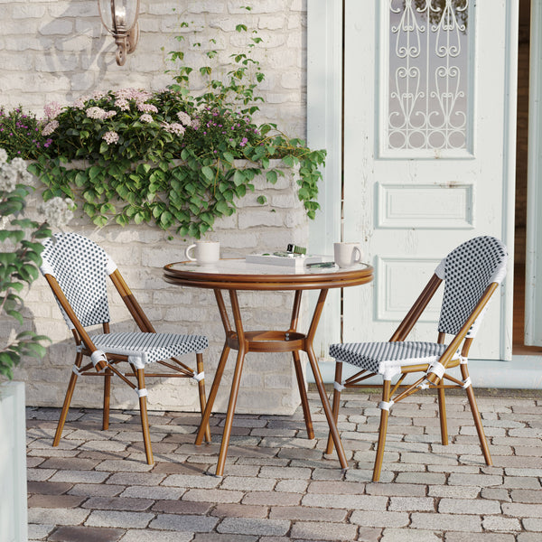 White & Navy Rattan/Natural Frame |#| Indoor/Outdoor Commercial Glass Top Bistro Table in White/Navy