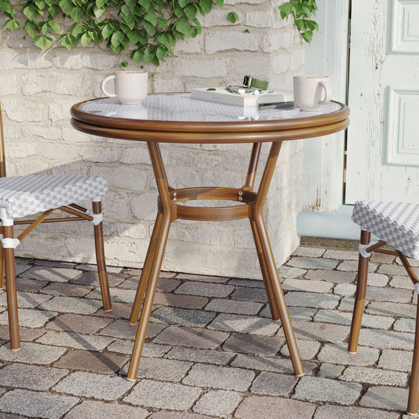 White & Gray Rattan/Natural Frame |#| Indoor/Outdoor Commercial Glass Top Bistro Table in White/Gray