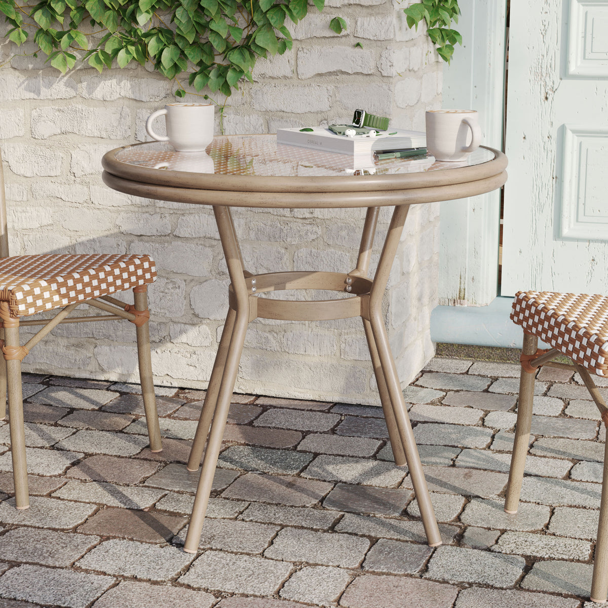 Natural & White Rattan/Light Natural Frame |#| Indoor/Outdoor Commercial Glass Top Bistro Table in Natural/White