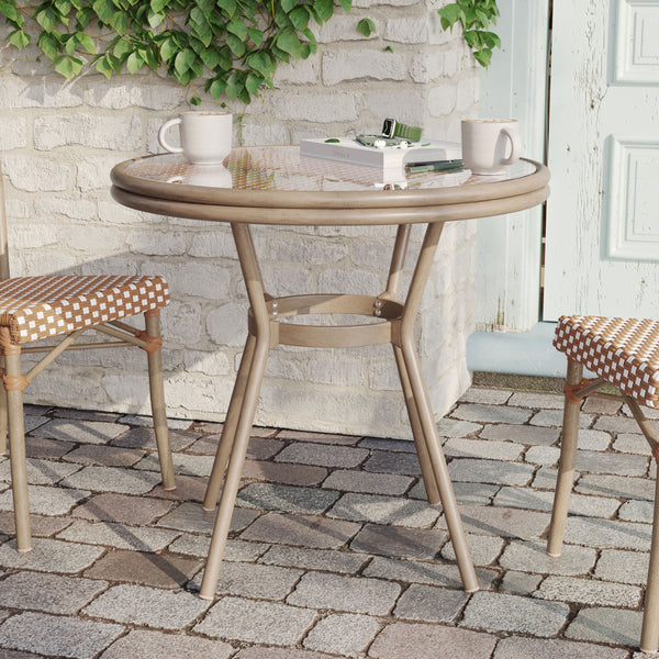 Natural & White Rattan/Light Natural Frame |#| Indoor/Outdoor Commercial Glass Top Bistro Table in Natural/White