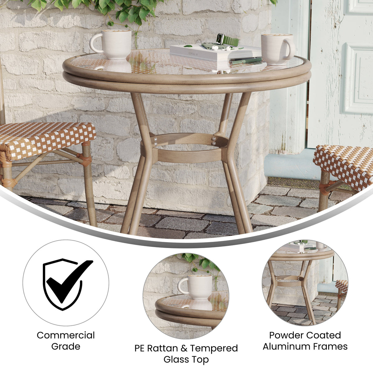 Natural & White Rattan/Light Natural Frame |#| Indoor/Outdoor Commercial Glass Top Bistro Table in Natural/White