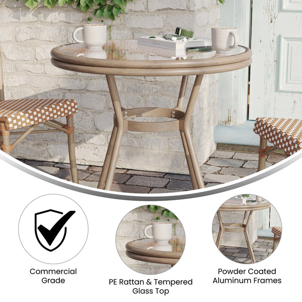 Natural & White Rattan/Light Natural Frame |#| Indoor/Outdoor Commercial Glass Top Bistro Table in Natural/White
