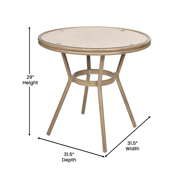 Natural & White Rattan/Light Natural Frame |#| Indoor/Outdoor Commercial Glass Top Bistro Table in Natural/White