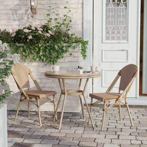 Natural & White Rattan/Light Natural Frame |#| Indoor/Outdoor Commercial Glass Top Bistro Table in Natural/White