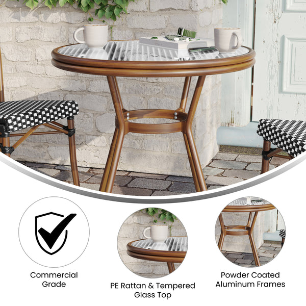 Black & White Rattan/Natural Frame |#| Indoor/Outdoor Commercial Glass Top Bistro Table in Black/White