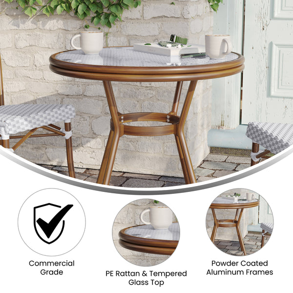 White & Gray Rattan/Natural Frame |#| Indoor/Outdoor Commercial Glass Top Bistro Table in White/Gray