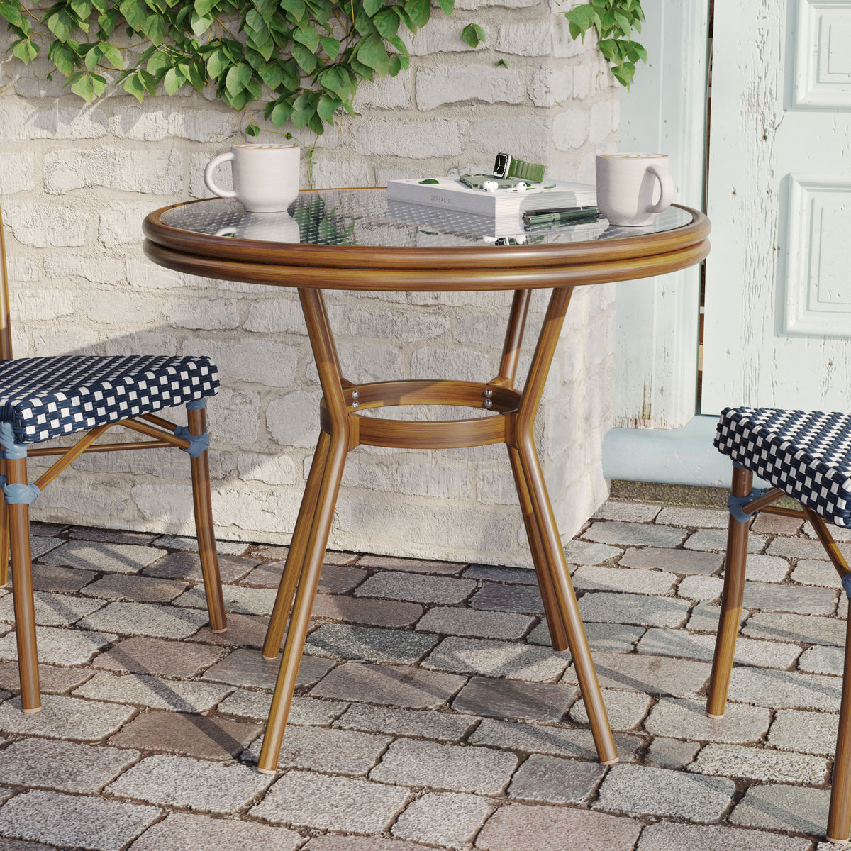 Navy & White Rattan/Natural Frame |#| Indoor/Outdoor Commercial Glass Top Bistro Table in Navy/White